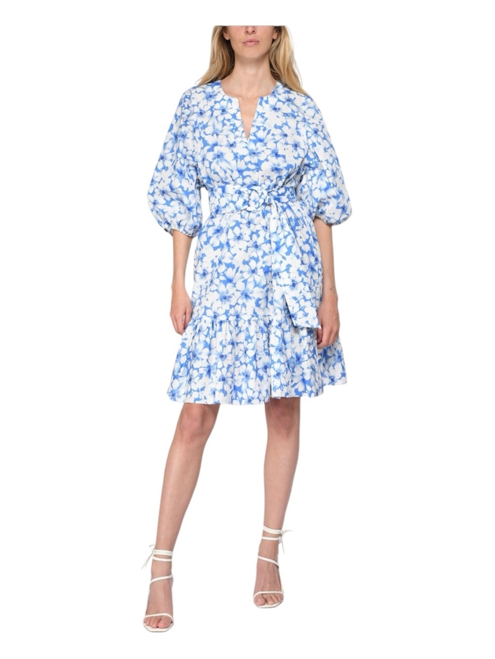 Tara Jarmon Blue and White Floral Wrap Midi Dress